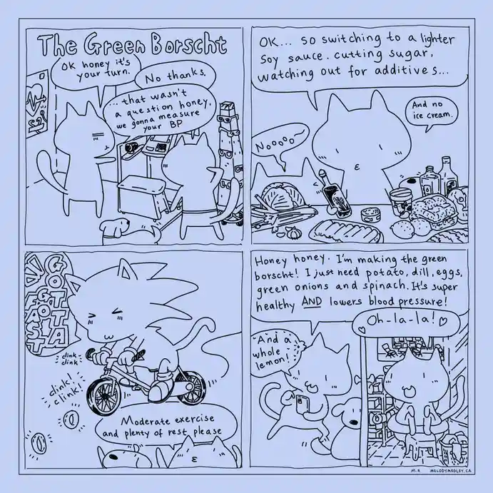 A four-panel comic strip featuring cartoon cats. In the first panel, one cat tells another 'OK honey it's your turn' while…