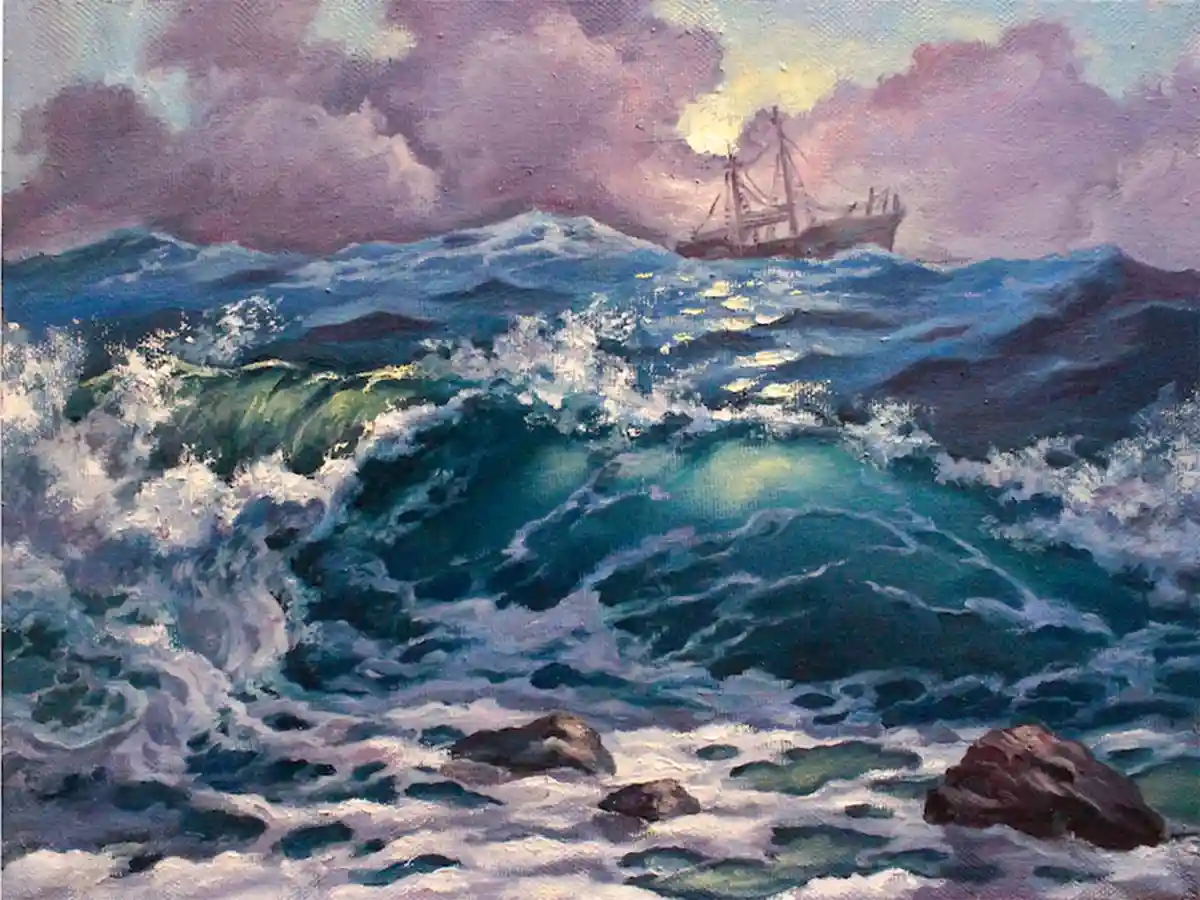 A dramatic oil painting depicts a stormy sea with crashing waves and dark, turbulent waters. In the distance, a ship sails…
