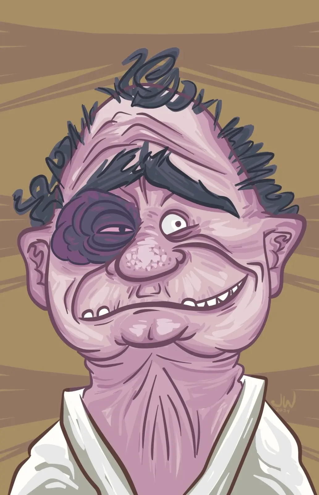 A cartoon illustration of a grotesque, purple-skinned, elderly man with a single visible eye, a black eye patch over the…