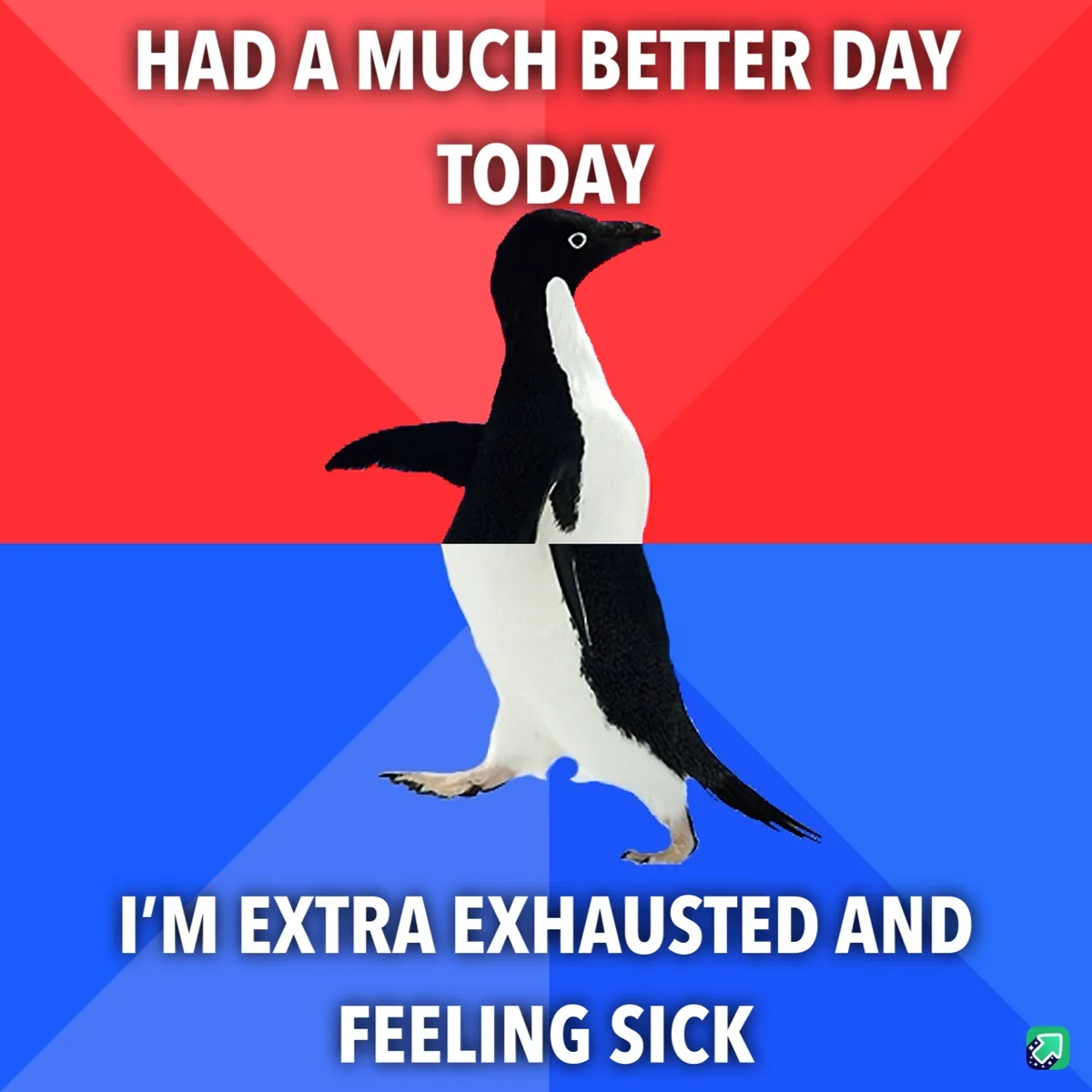 A penguin stands centered against a red and blue background, with white text above reading 'HAD A MUCH BETTER DAY TODAY' and…