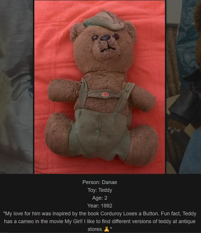 A brown, worn teddy bear wearing green overalls and a matching cap lies on a red fabric surface. Text overlaid at the bottom…
