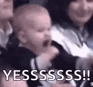 A six-panel grid shows a baby in a sports jersey, progressively getting more excited and yelling with clenched fists, while…