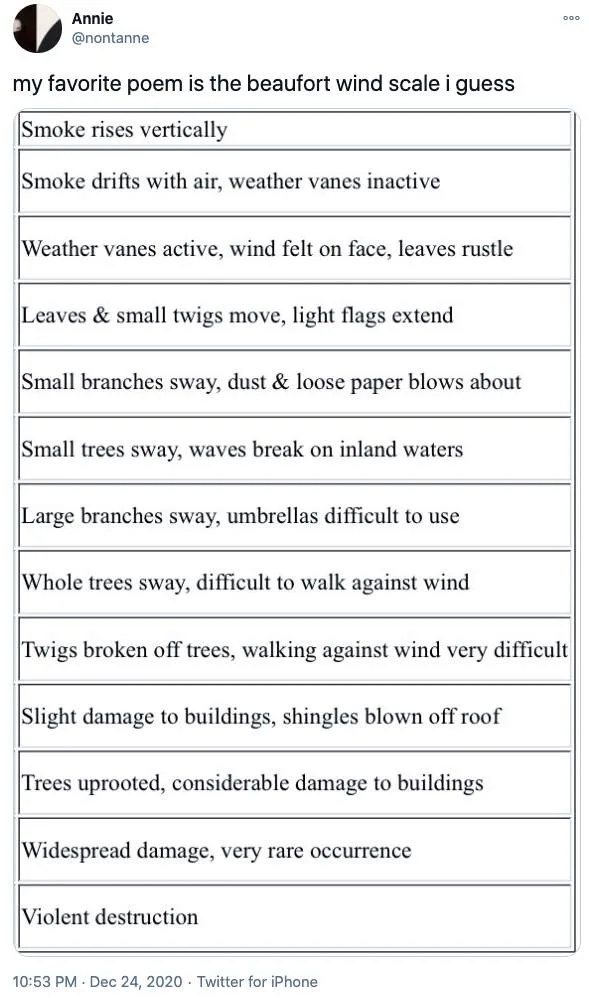 A screenshot of a tweet by user Annie (@nontanne) from December 24, 2020, showing a list of the Beaufort Wind Scale's…