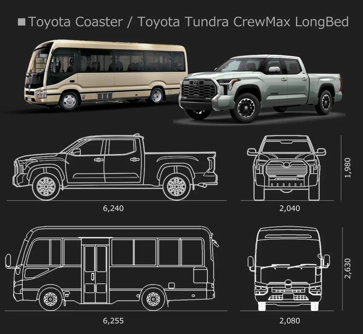 The image displays a beige Toyota Coaster minibus and a silver Toyota Tundra CrewMax LongBed pickup truck side-by-side, with…