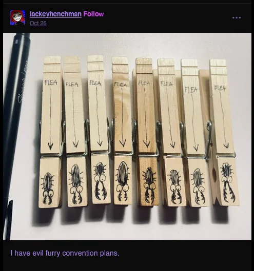 A row of wooden clothespins, each labeled 'FLEA' with an arrow pointing down to a hand-drawn sketch of a flea with eyes and…