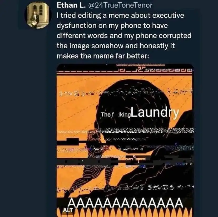 A corrupted meme image shows a stylized black silhouette of a person struggling under an enormous black boulder labeled 'The…