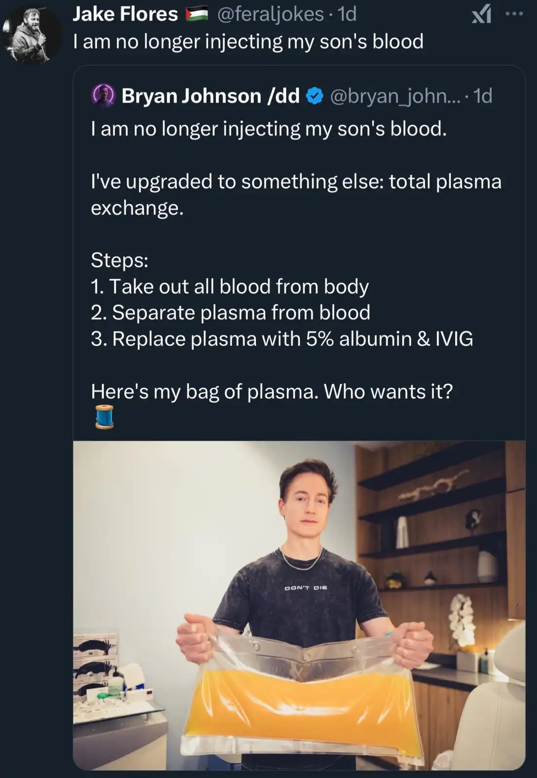 A screenshot of a tweet by Bryan Johnson showing a photo of him holding a large transparent bag filled with orange-yellow…