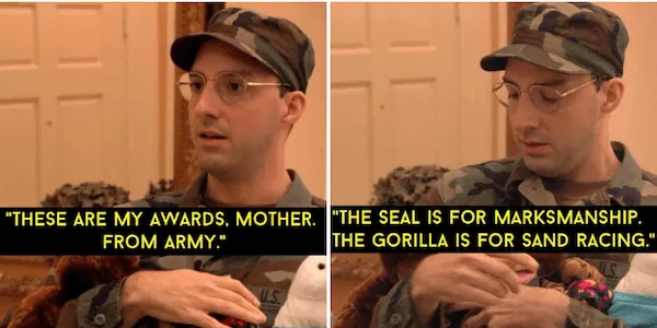 A split-screen image shows a man in a military uniform holding stuffed animals. On the left, he says, 'THESE ARE MY AWARDS…