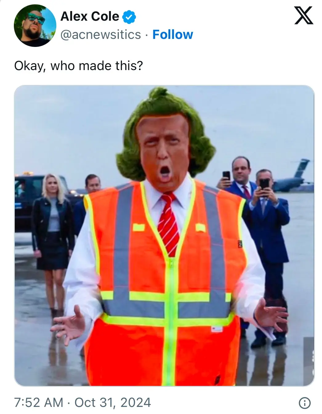 A person with a digitally altered face resembling Donald Trump, wearing a bright orange construction vest over a white shirt…
