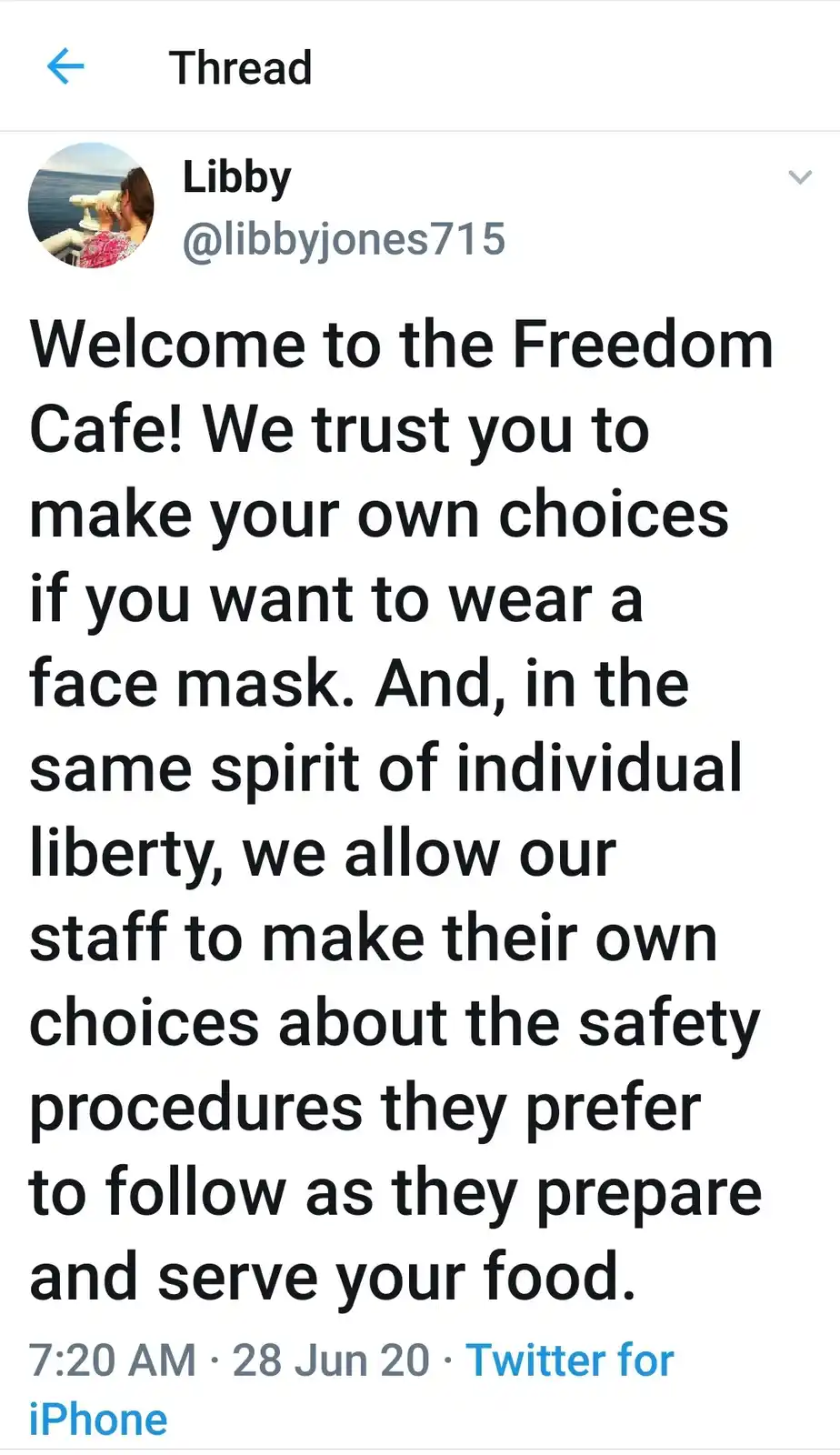 A screenshot of a Twitter thread from user Libby (@libbyjones715) dated June 28, 2020, showing a tweet that reads: 'Welcome…