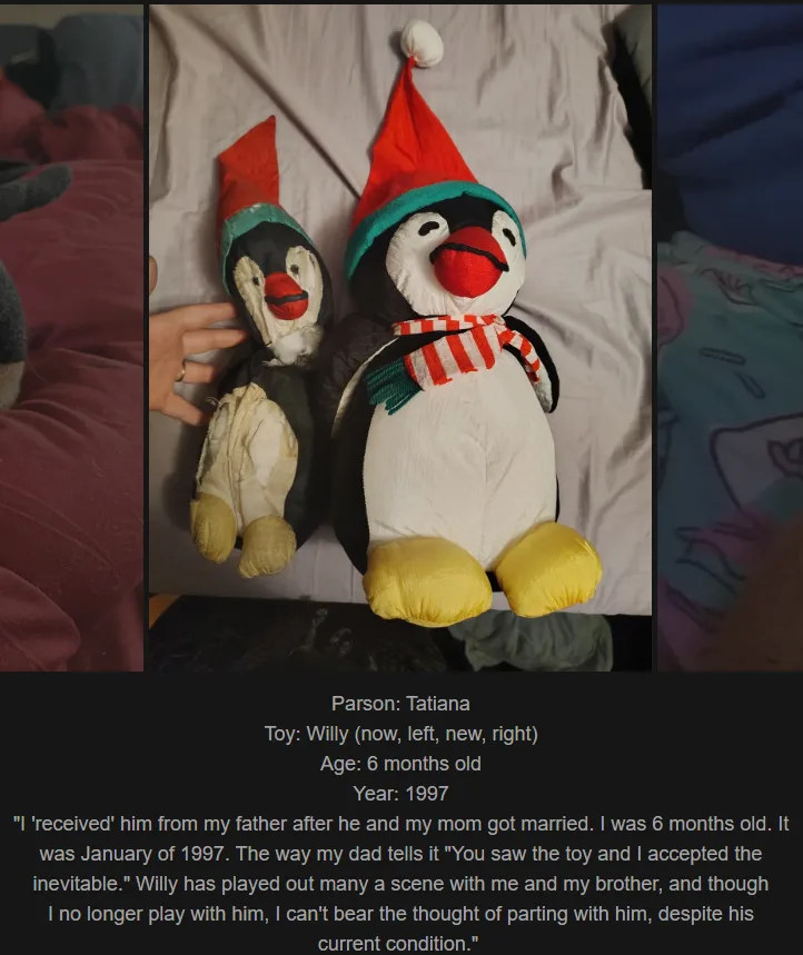 Two plush penguins sit side by side on a bed, one in good condition wearing a red and green hat and scarf, the other visibly…