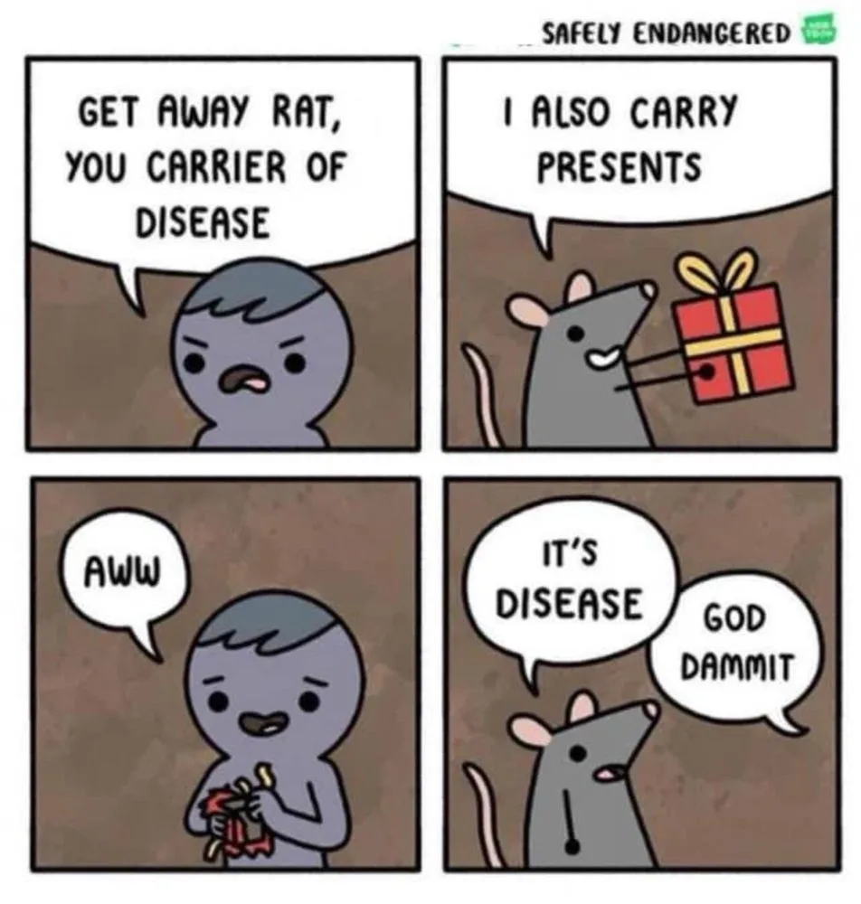 A four-panel comic strip shows a human character initially shooing a rat away for being a disease carrier. The rat then…