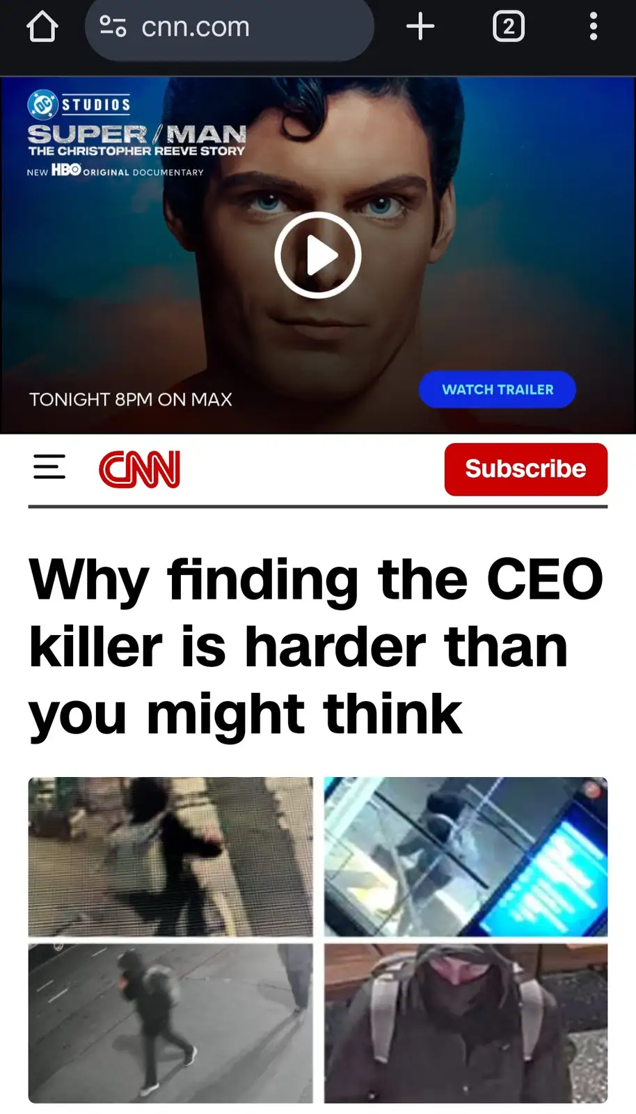 A screenshot of a CNN webpage featuring a headline about the difficulty of finding a CEO killer, overlaid on a promotional…
