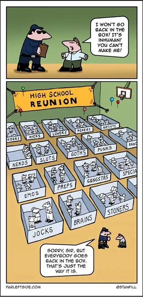 A two-panel comic strip shows a man refusing to go back into a labeled box at a 'HIGH SCHOOL REUNION' event, where attendees…