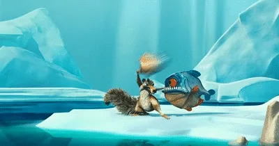 A sequence of six panels shows a squirrel underwater on an ice floe, using a stick to fight and defeat multiple fish. The…