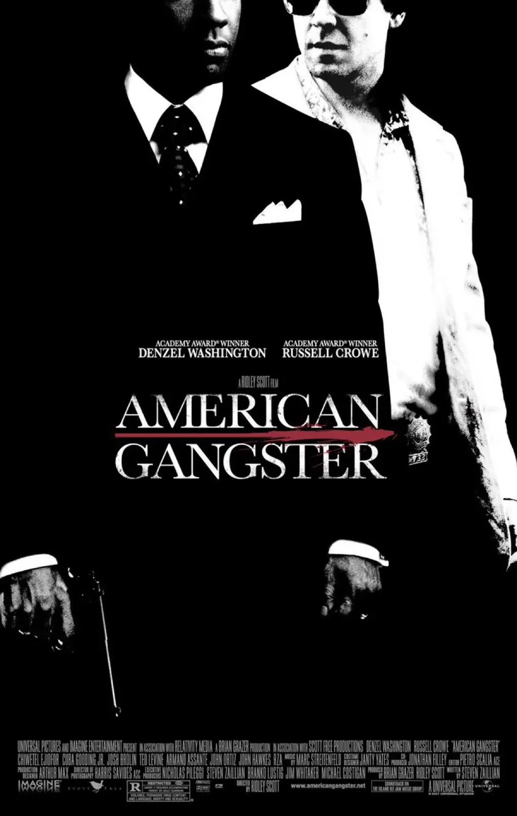 A black-and-white movie poster for 'American Gangster' featuring actors Denzel Washington and Russell Crowe. The title…
