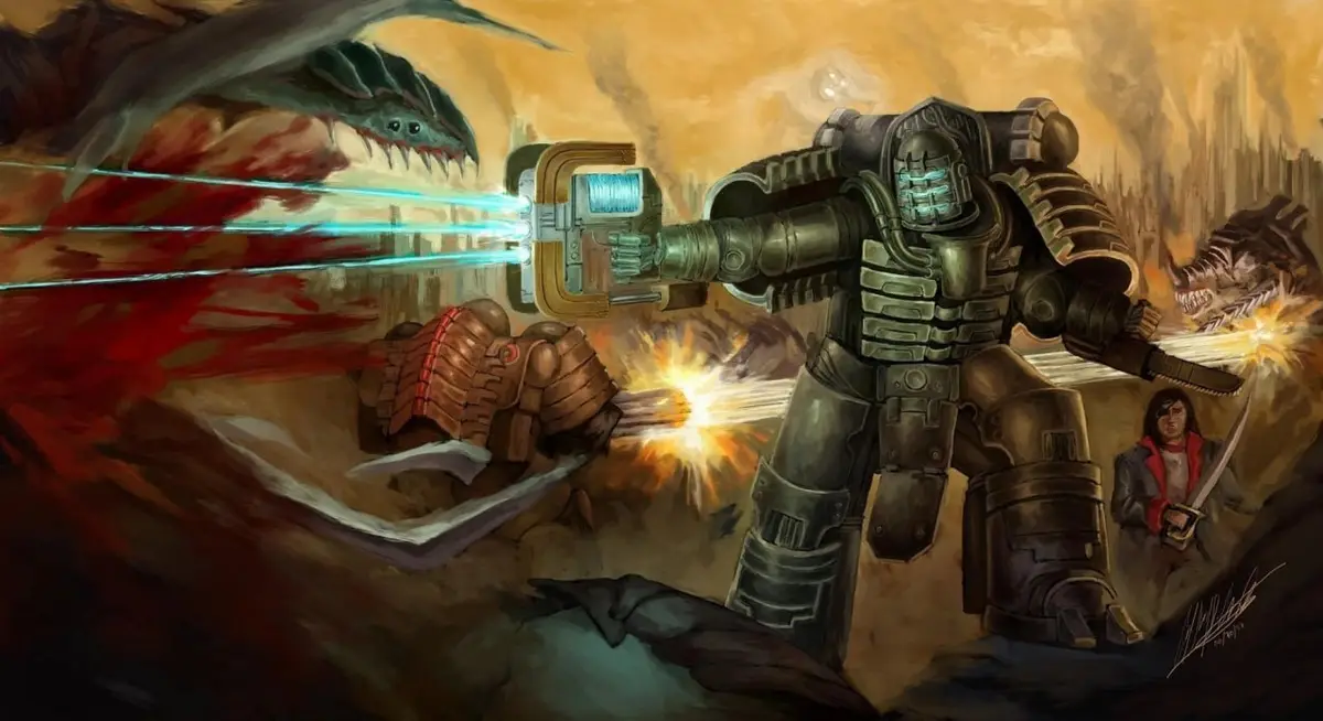 A heavily armored warrior in futuristic power armor fires a large energy weapon at a monstrous reptilian creature, while a…