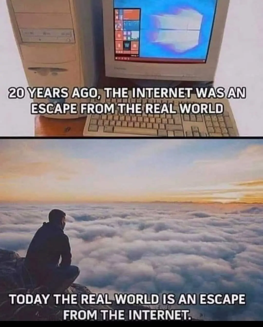 The top panel shows a beige desktop computer with a Windows XP-style interface, overlaid with text stating '20 YEARS AGO…