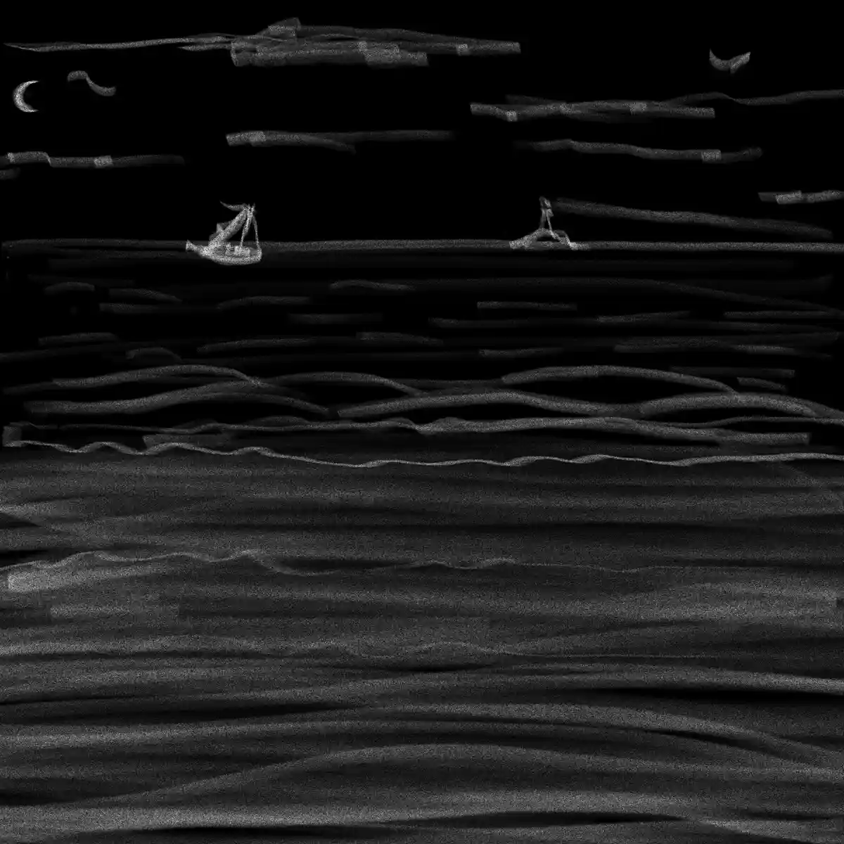 A black-and-white, grainy image depicts a stylized seascape with a crescent moon, a small sailboat, and a person sitting on…