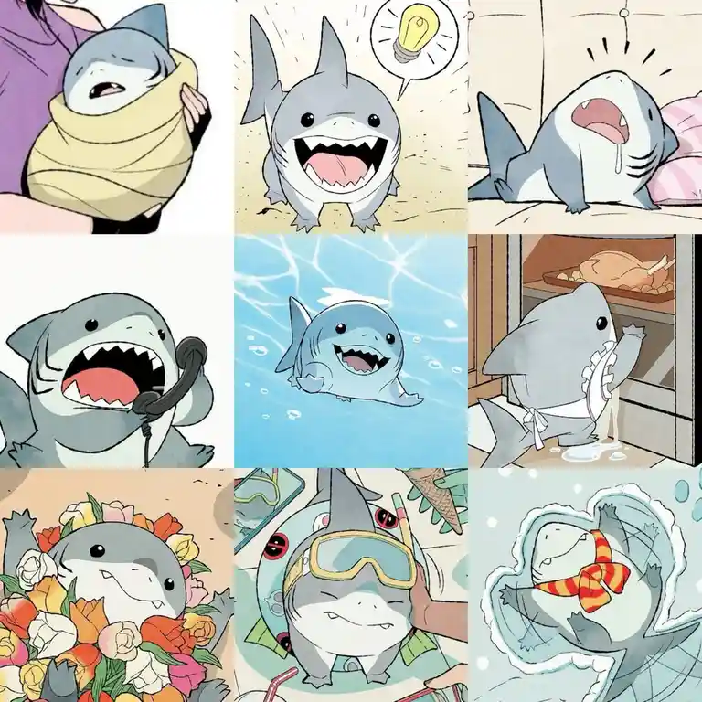 A nine-panel comic strip featuring a cute, cartoonish baby shark in various scenarios: wrapped in bandages, having a…
