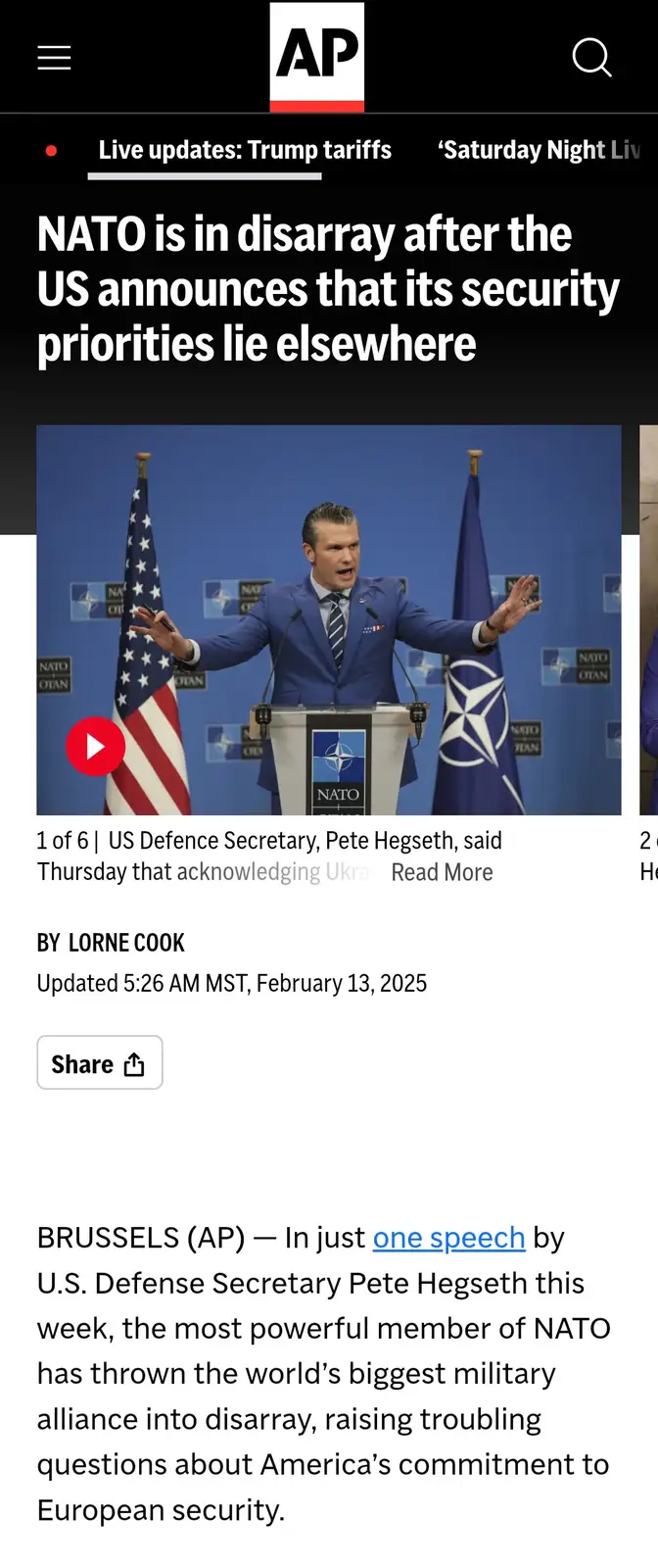 A screenshot of an Associated Press news article shows a photo of US Defense Secretary Pete Hegseth speaking at a NATO…