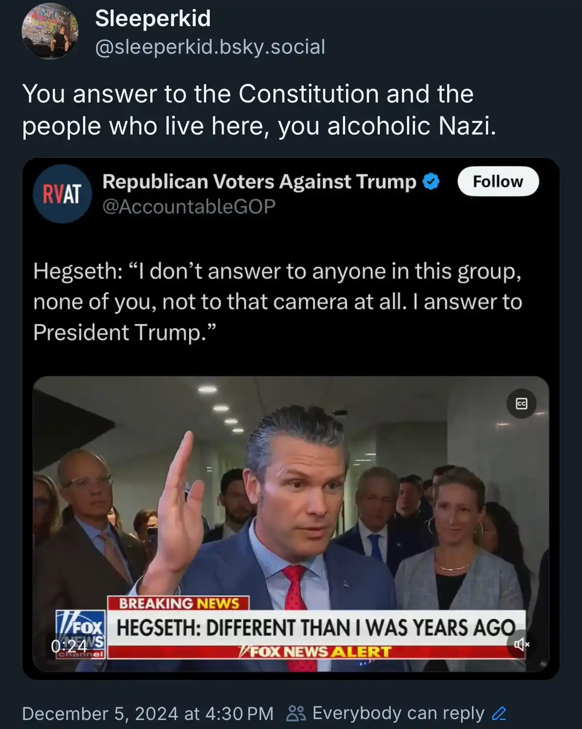 A screenshot of a social media post by 'Sleeperkid' shows a Fox News video clip of a man in a suit and red tie raising his…