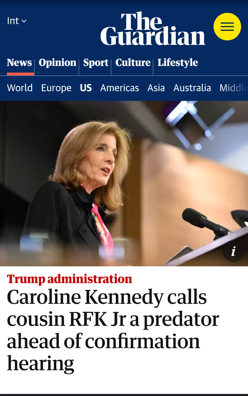 A screenshot of The Guardian's news website shows a photo of Caroline Kennedy speaking at a podium. The headline below reads…