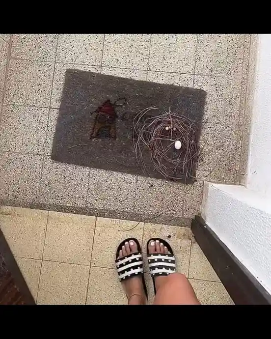 A first-person view shows a person's feet in black-and-white striped sandals standing on tiled flooring. In front of them, a…