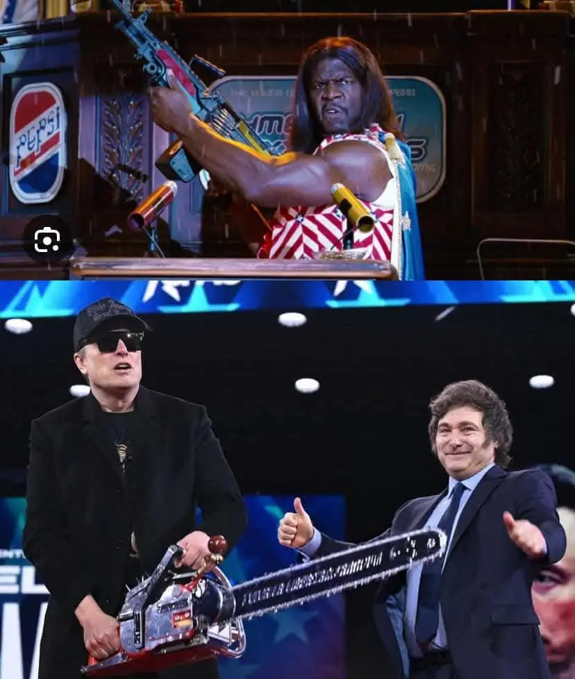 The top panel shows a muscular man with long hair in a red and white striped outfit holding a large toy gun at a podium with…