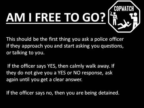A black background with white text instructs viewers to ask police officers 'AM I FREE TO GO?' as the first question upon…