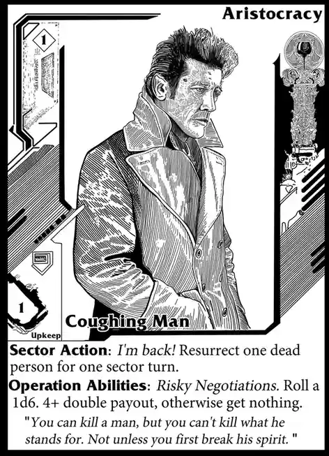 A black-and-white illustrated card resembling a game piece, featuring a man in a trench coat labeled 'Coughing Man' under…