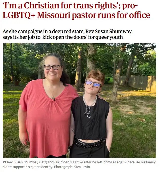A news article screenshot shows two people standing together outdoors in a grassy area with trees. The adult woman on the…
