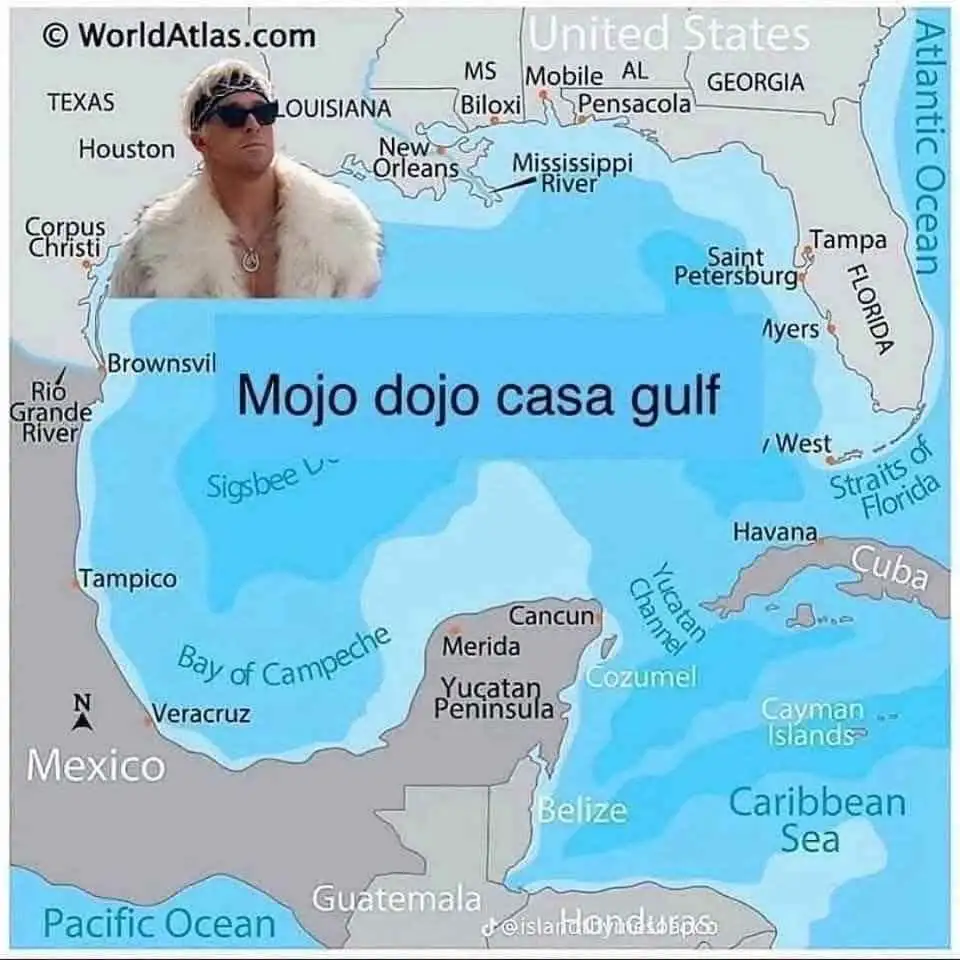 A map of the Gulf of Mexico and surrounding areas shows a man in sunglasses and a fur coat superimposed over the Gulf Coast…