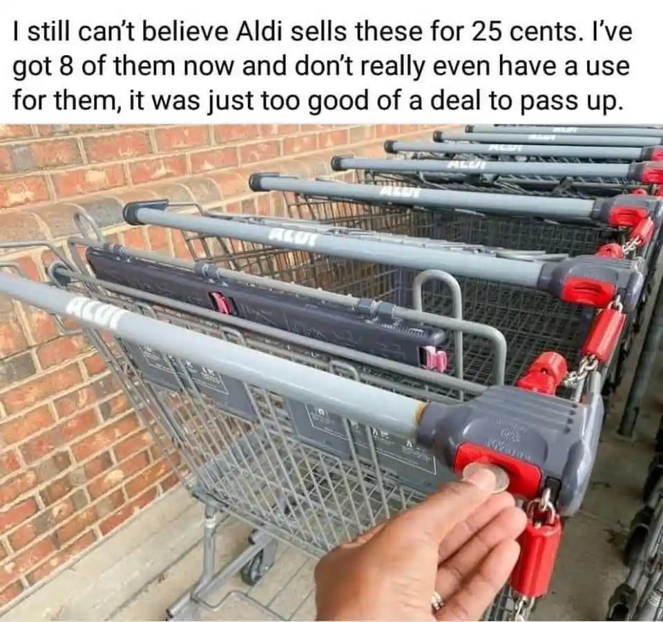 A hand holds a quarter next to the red coin slot on the handle of an Aldi shopping cart, with a row of identical carts lined…