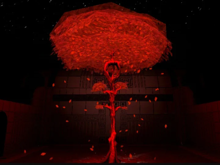 A dark, eerie scene featuring a twisted, red tree with a massive, glowing red canopy shaped like an umbrella, set against a…