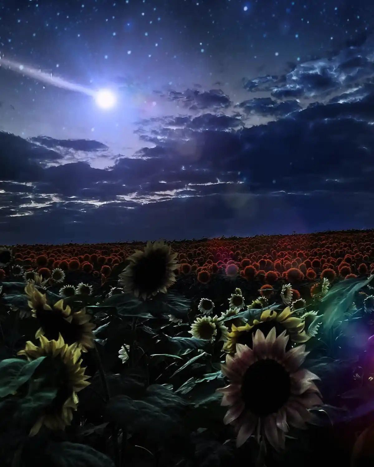 A digitally altered image shows a vast field of sunflowers under a dark, starry night sky with a bright moon and clouds. The…
