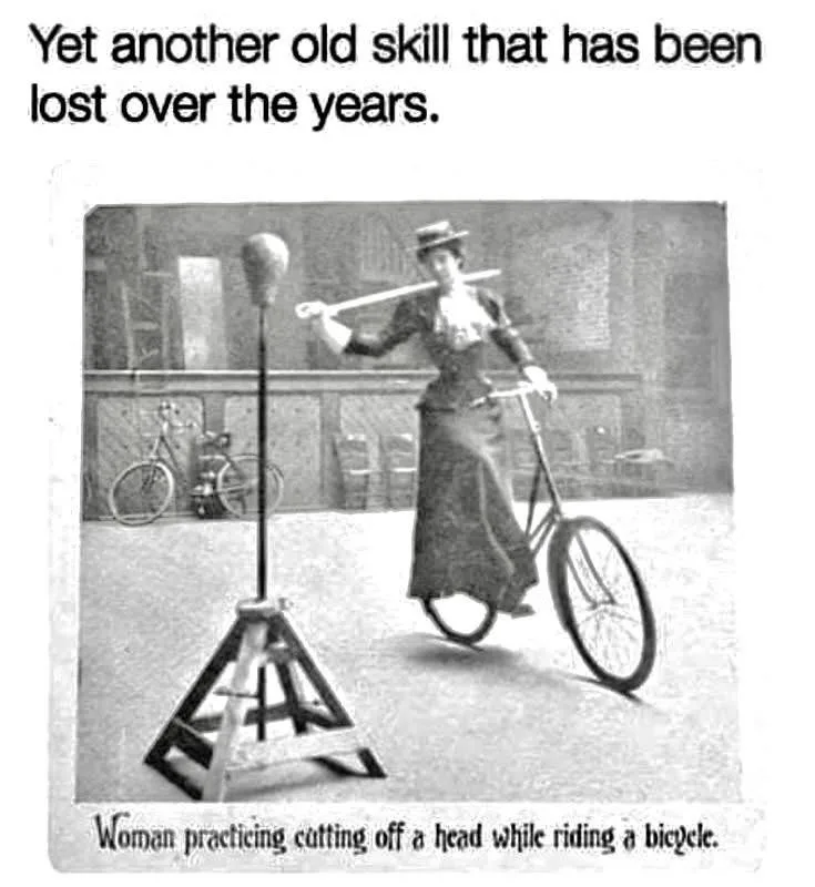 A vintage black-and-white photograph shows a woman in period clothing riding a high-wheel bicycle while holding an axe over…