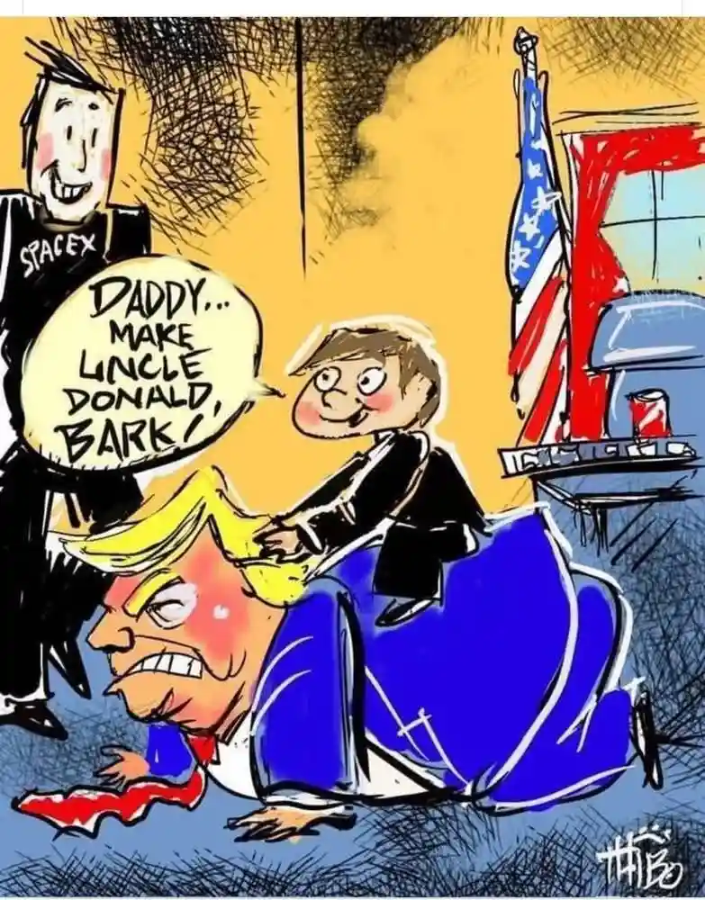 A cartoon depicts a child in a suit sitting on the back of a man in a blue suit and red tie, who is crawling on the floor…