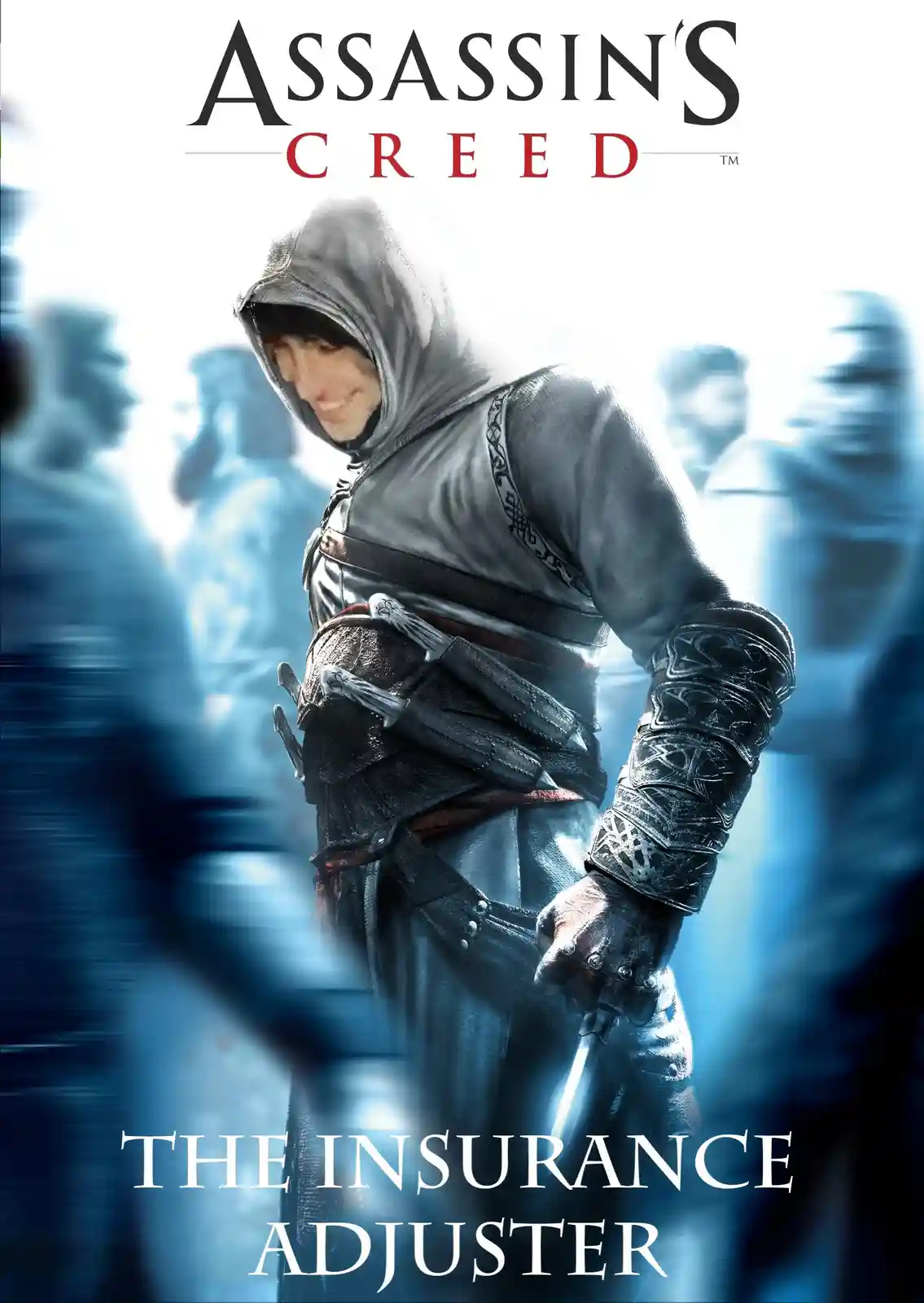 The image is a promotional poster for the video game Assassin's Creed, featuring a hooded assassin in period clothing…