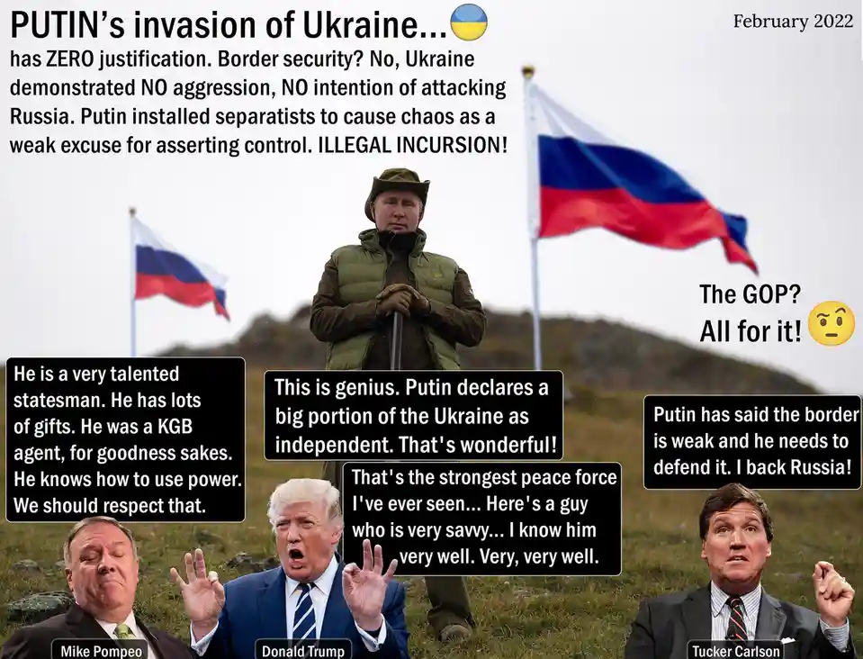 The image shows Vladimir Putin standing between two Russian flags, with overlaid text condemning his invasion of Ukraine as…