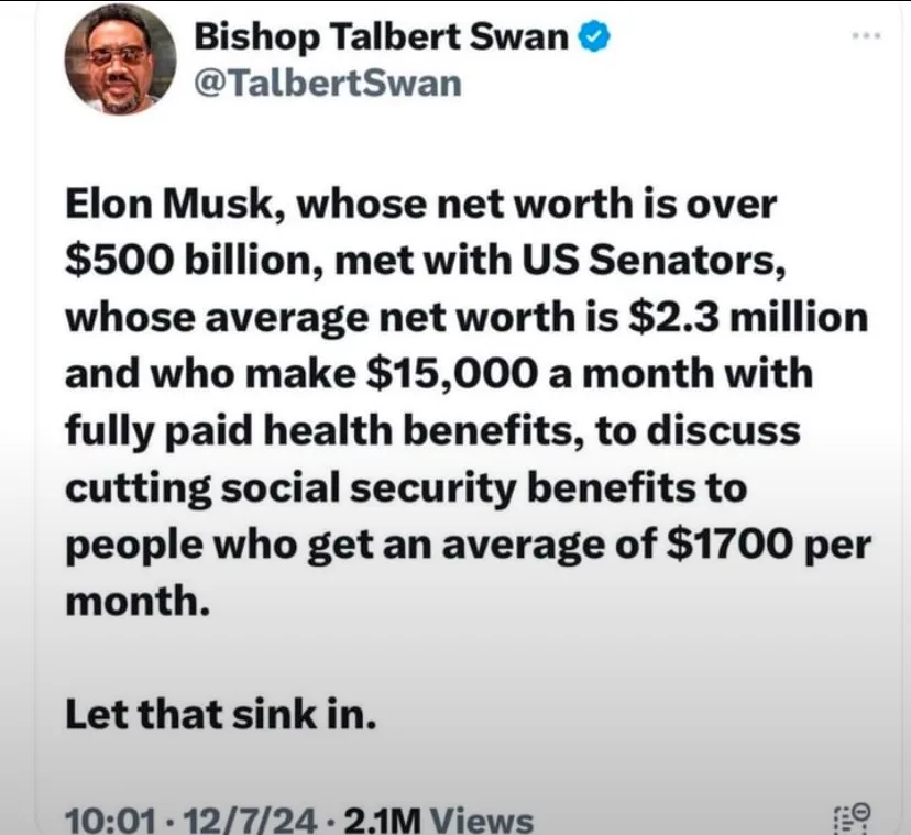 A screenshot of a tweet by Bishop Talbert Swan showing a text block that contrasts Elon Musk's $500 billion net worth with…