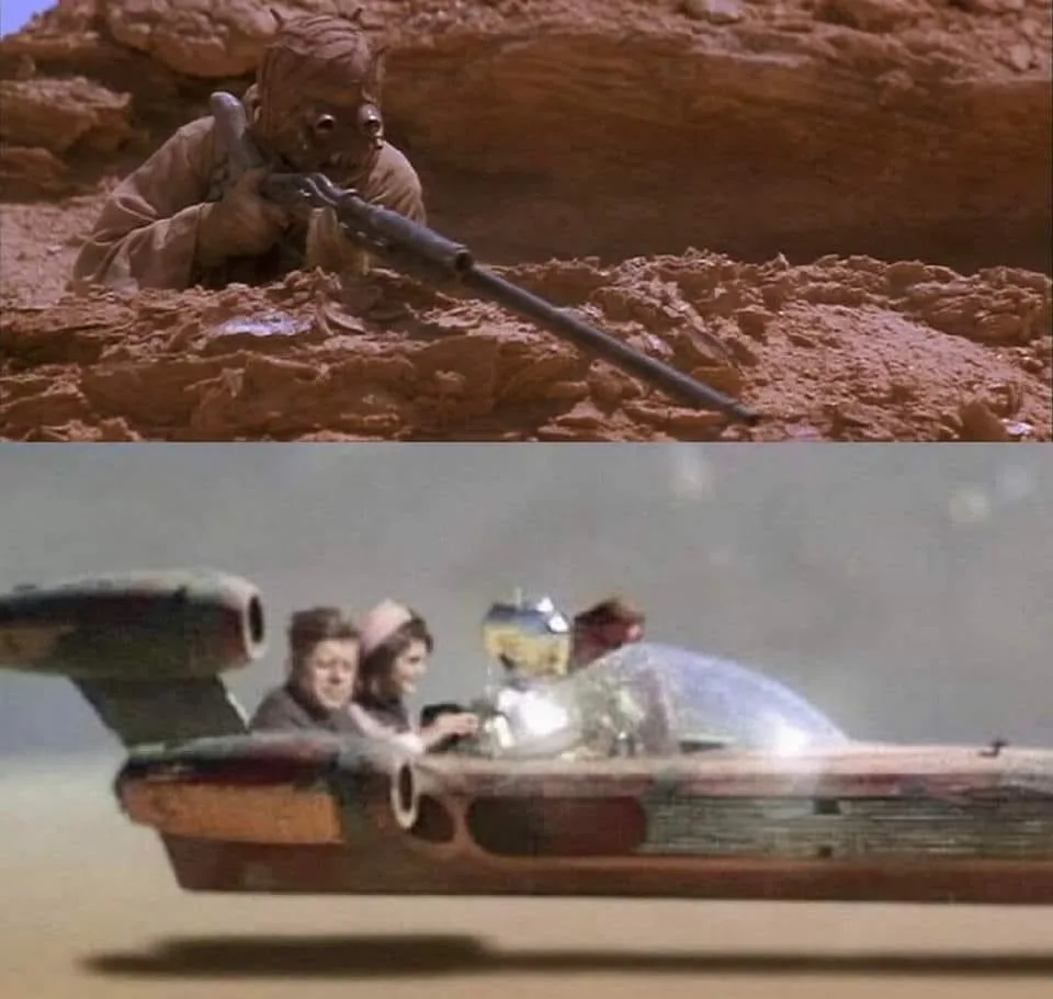The top panel shows a Tusken Raider from Star Wars, crouched in a trench and aiming a rifle. The bottom panel shows the…