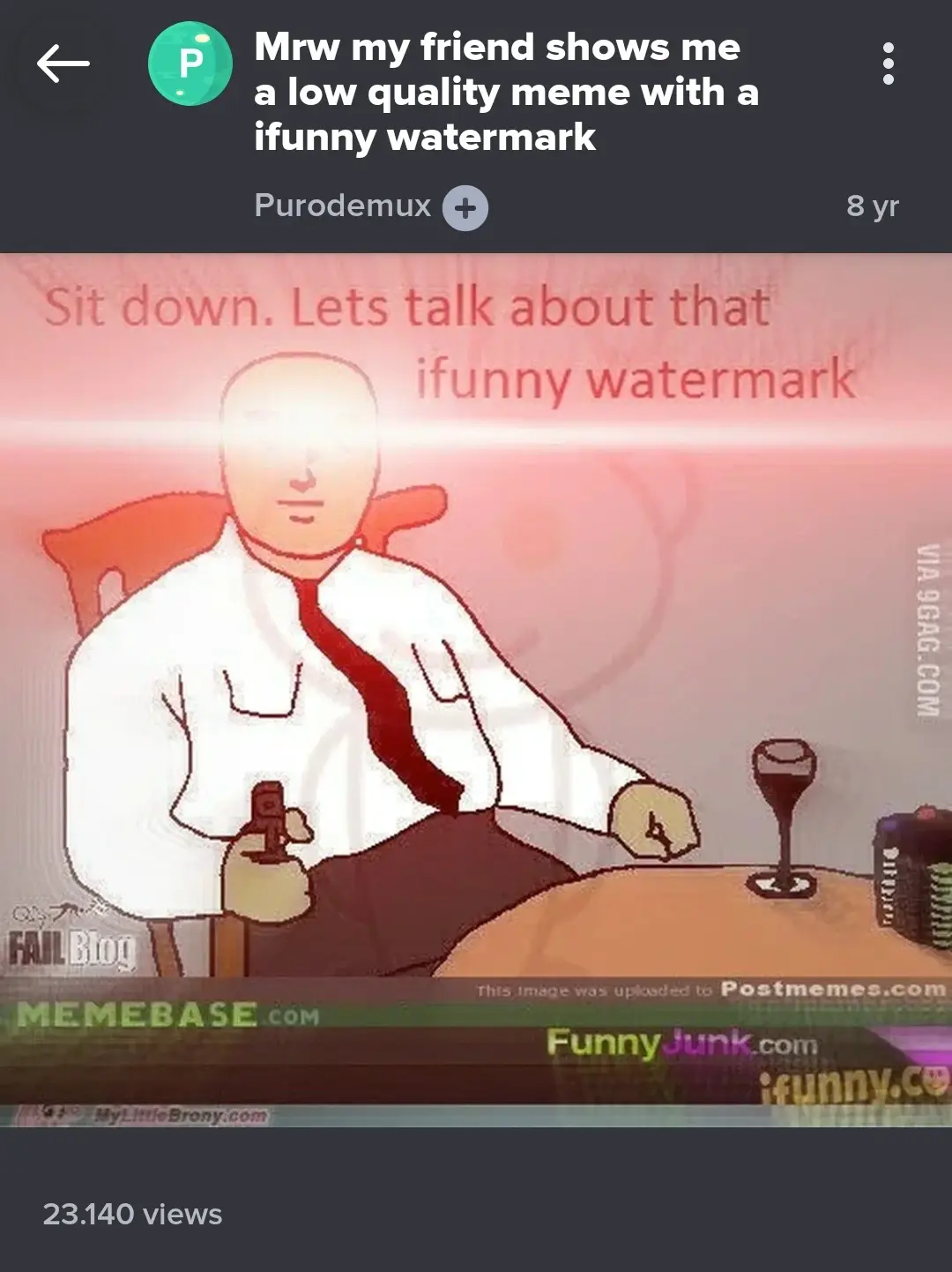 An image of the animated character Slender Man sitting at a table with a glass of wine, overlaid with the text 'Sit down…