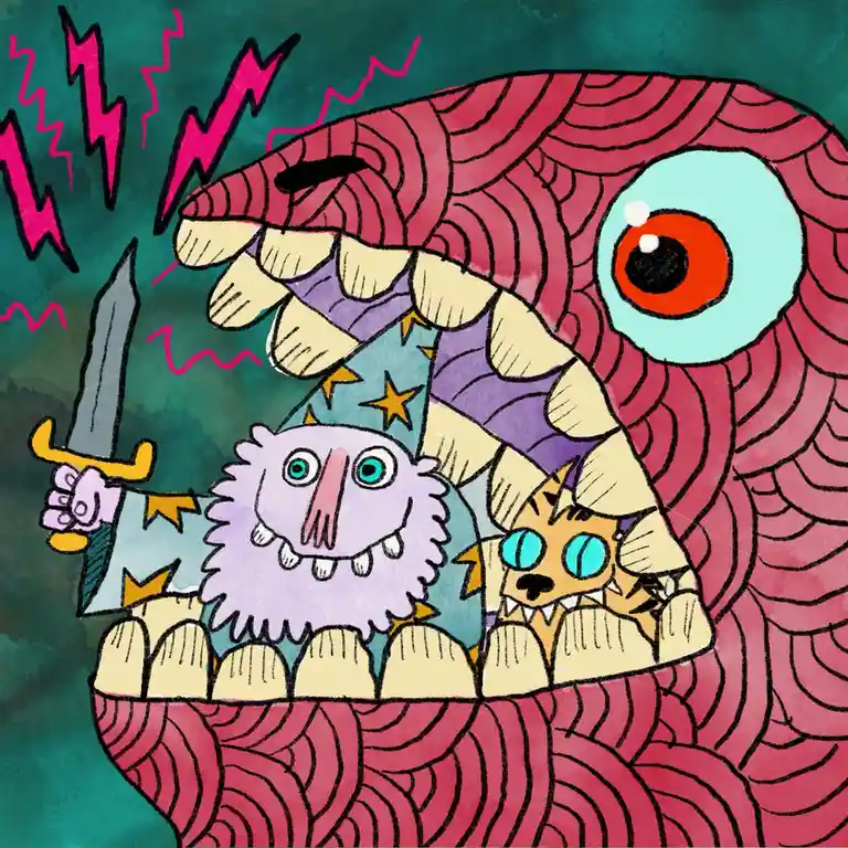 A cartoonish, pink, multi-limbed monster with one large eye looms over two smaller creatures: a purple, furry monster…