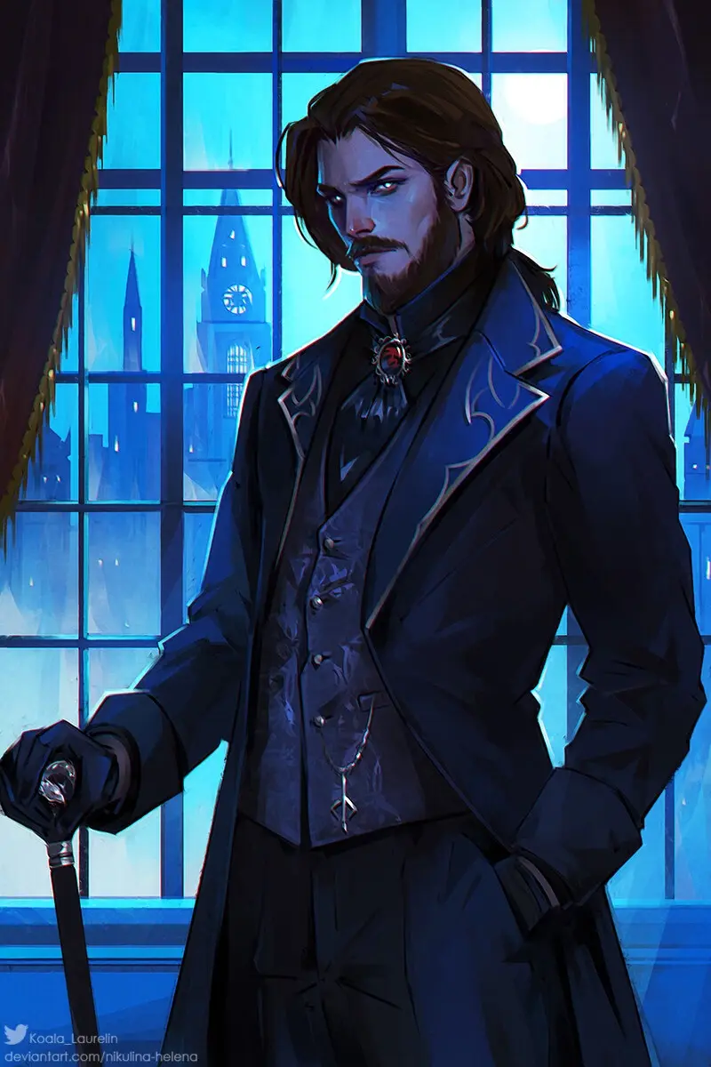 A digitally illustrated man with dark hair and a beard, wearing a dark formal coat with ornate silver trim, a vest, and…