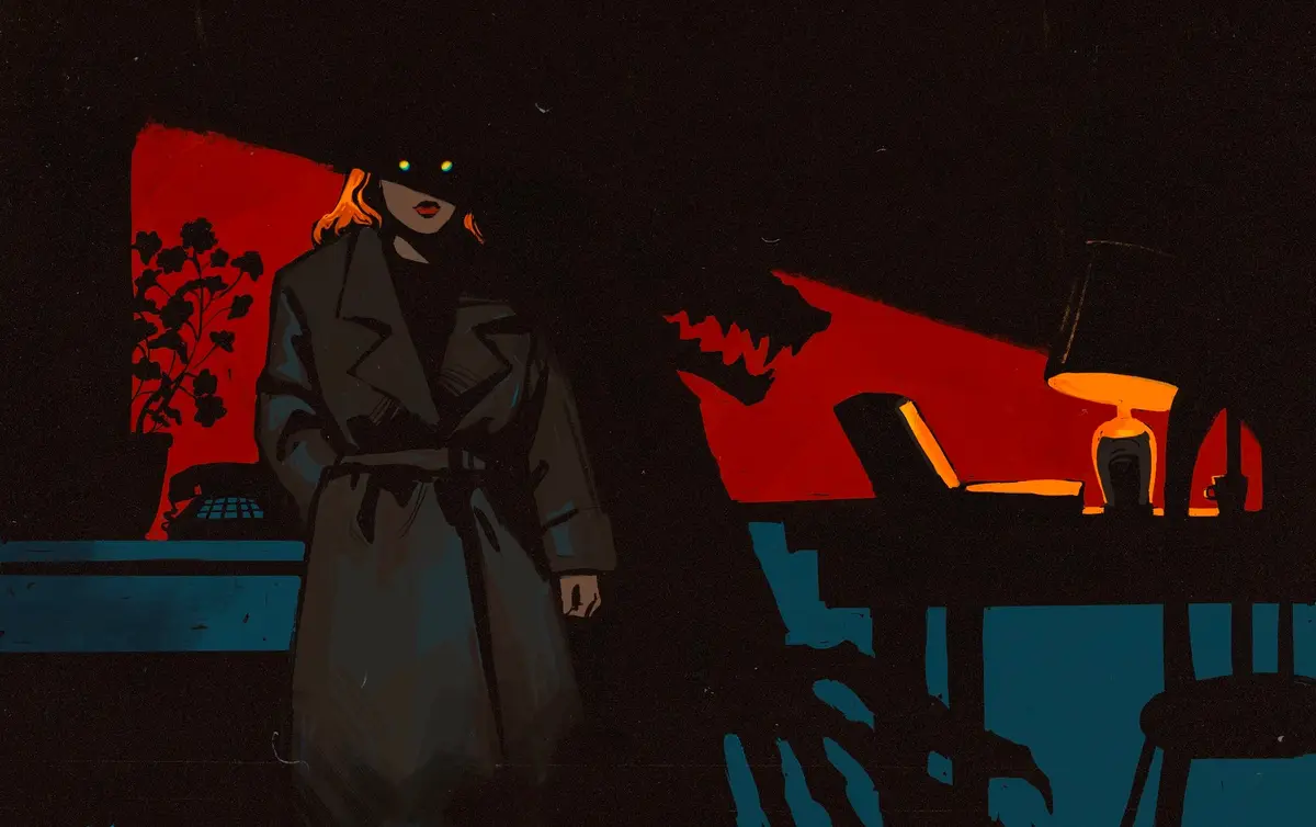 A stylized illustration shows a woman in a trench coat with glowing eyes standing in a dimly lit room with red and blue…