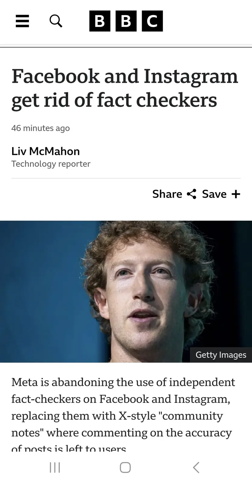 A screenshot of a BBC news article shows a photo of Mark Zuckerberg with the headline 'Facebook and Instagram get rid of…