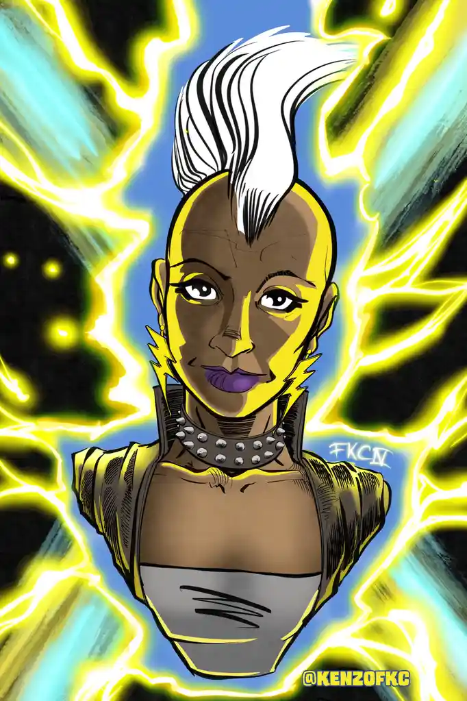 A stylized illustration of a person with a white mohawk, purple lips, and a studded collar, surrounded by bright yellow…