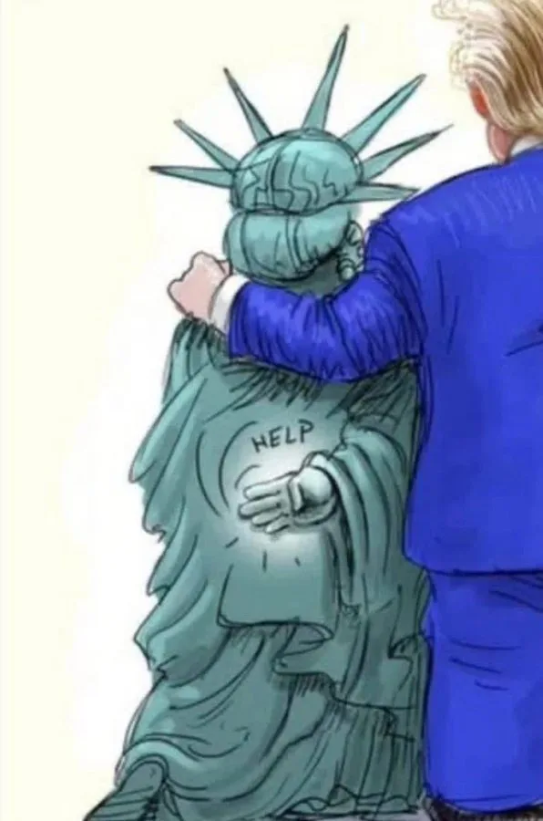 A cartoon depicts a man in a blue suit from behind, embracing the Statue of Liberty. The statue's chest has the word 'HELP'…