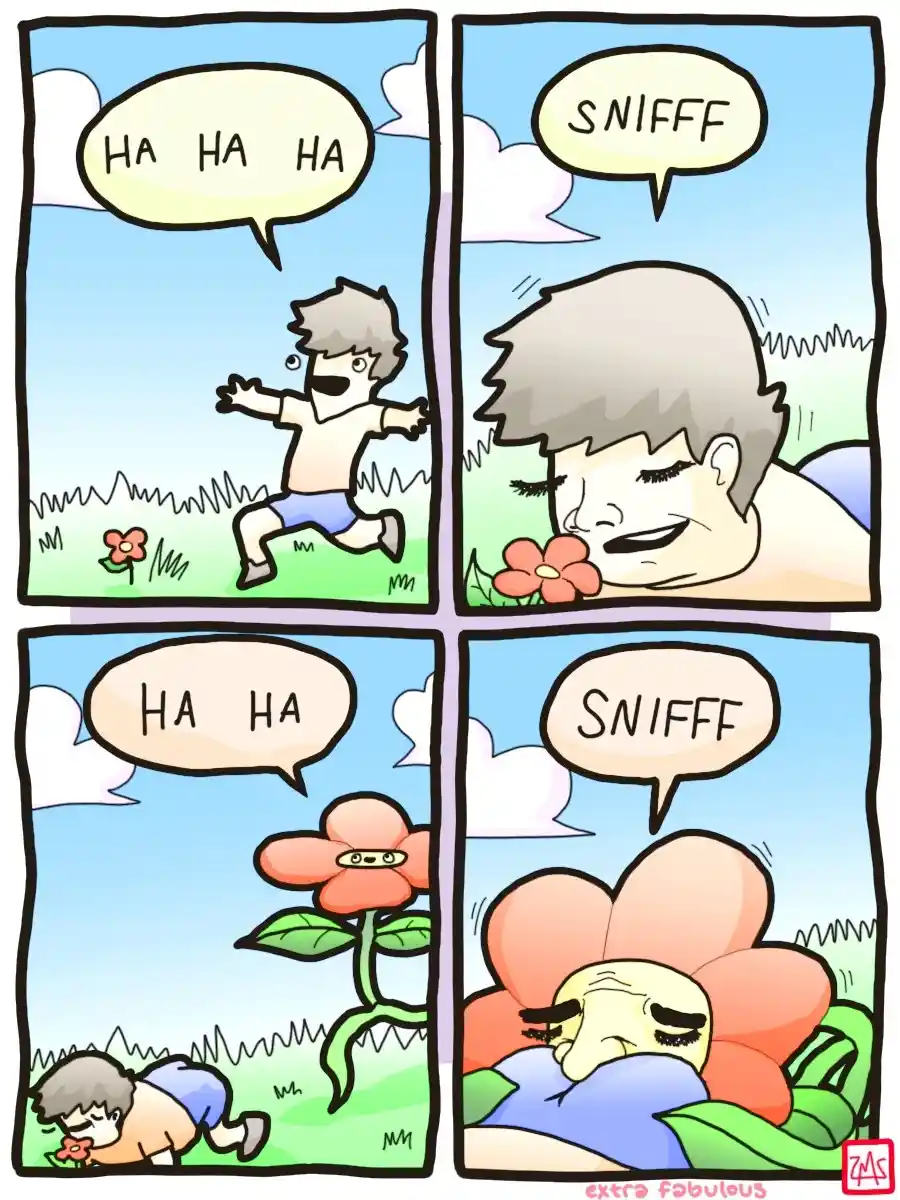 A four-panel comic shows a boy laughing while running toward a flower, then sniffing it with a smile. The flower grows…